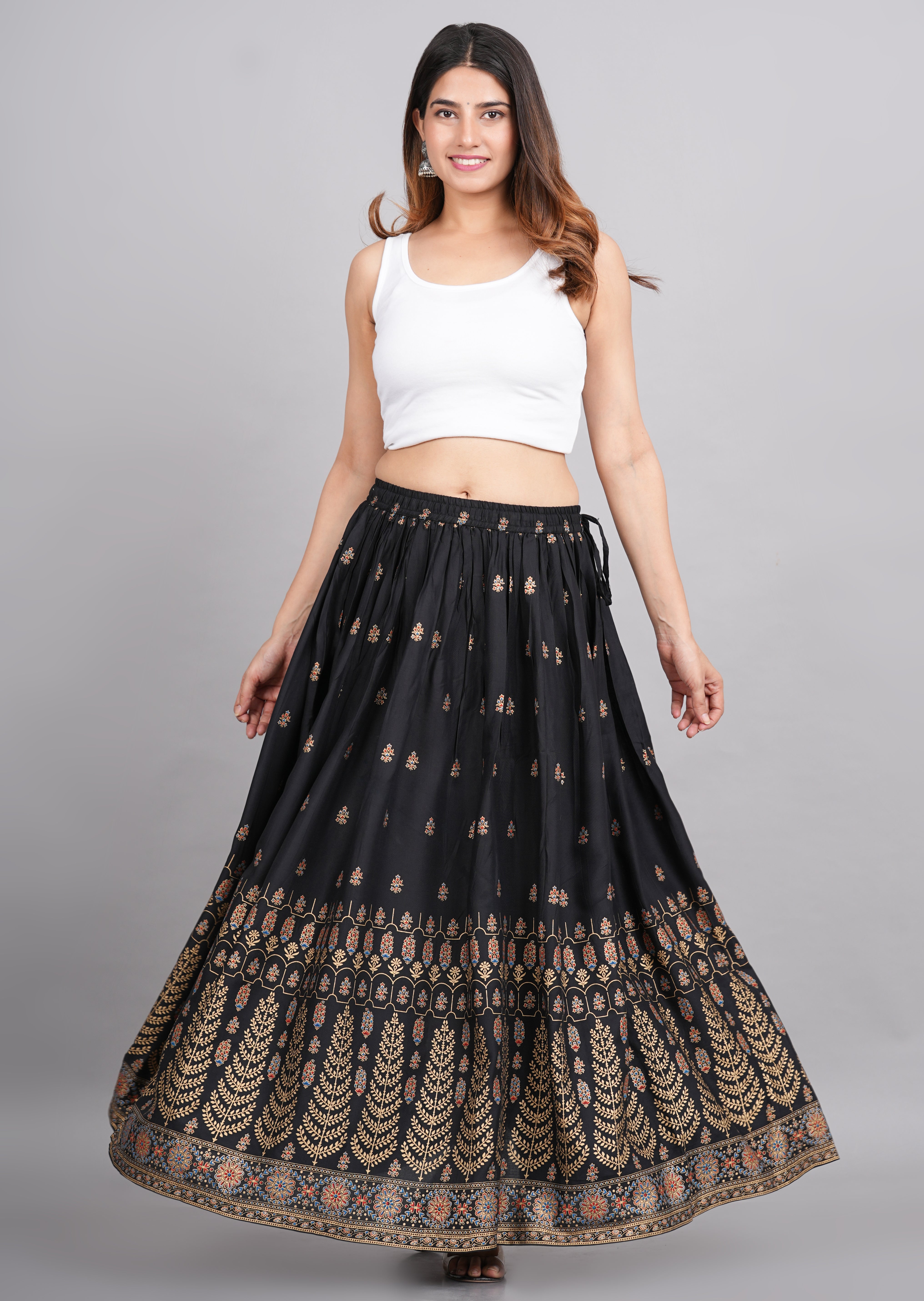 House of RP Women's Black & Golden Rayon Ethnic Printed Circular Skirt - Distacart