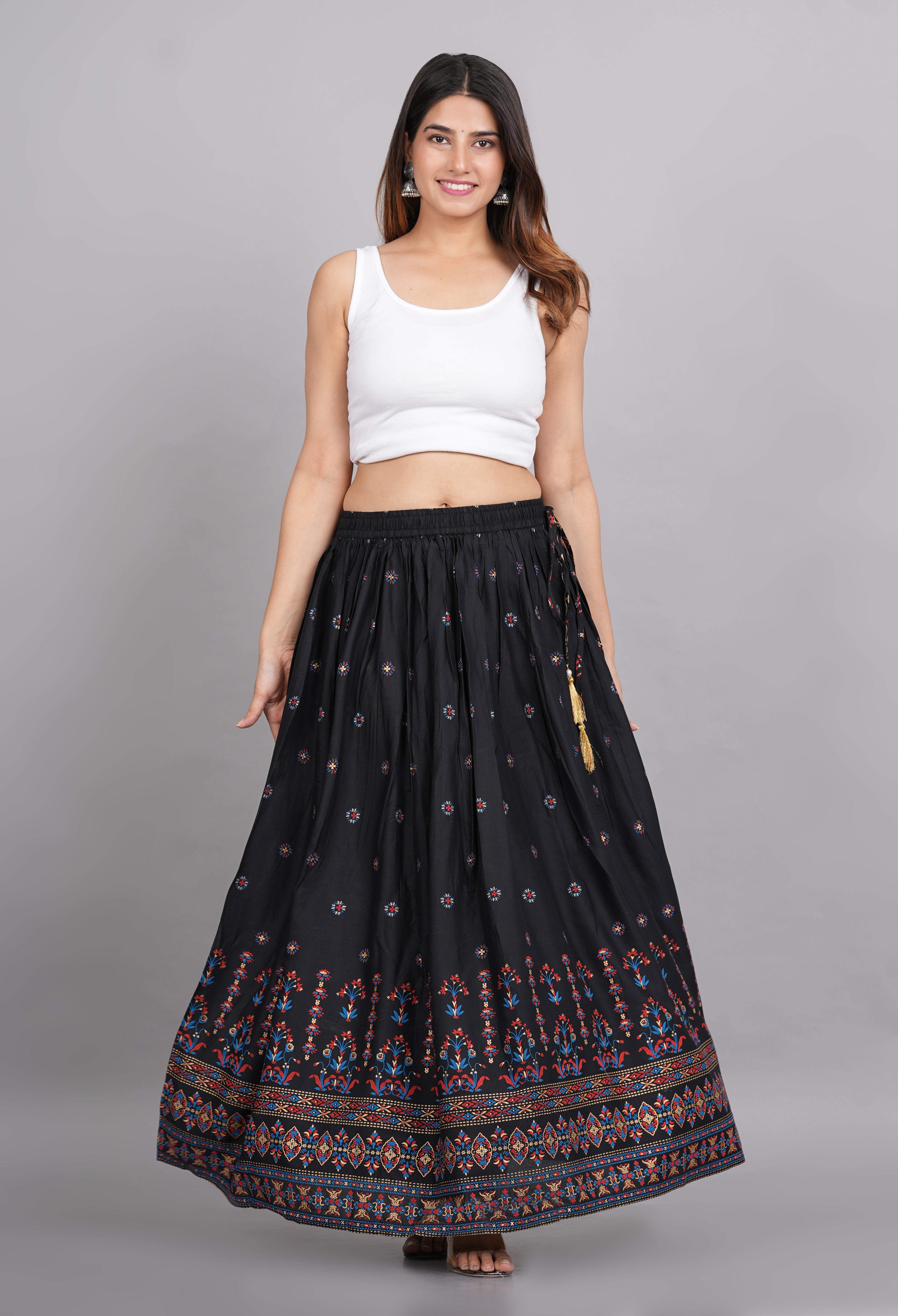 House of RP Women's Black & Pink Rayon Ethnic Printed Circular Skirt - Distacart