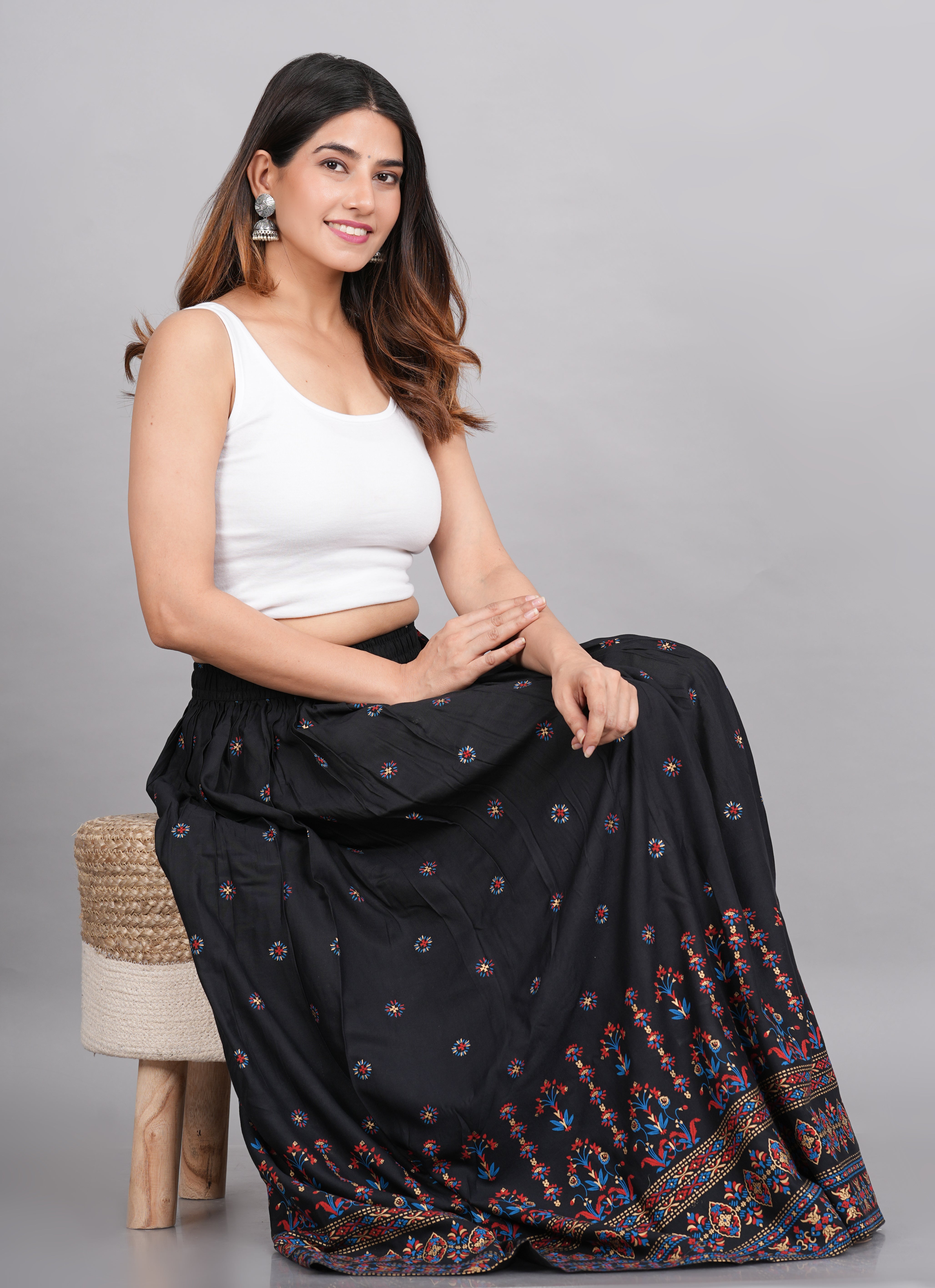 House of RP Women's Black & Pink Rayon Ethnic Printed Circular Skirt - Distacart