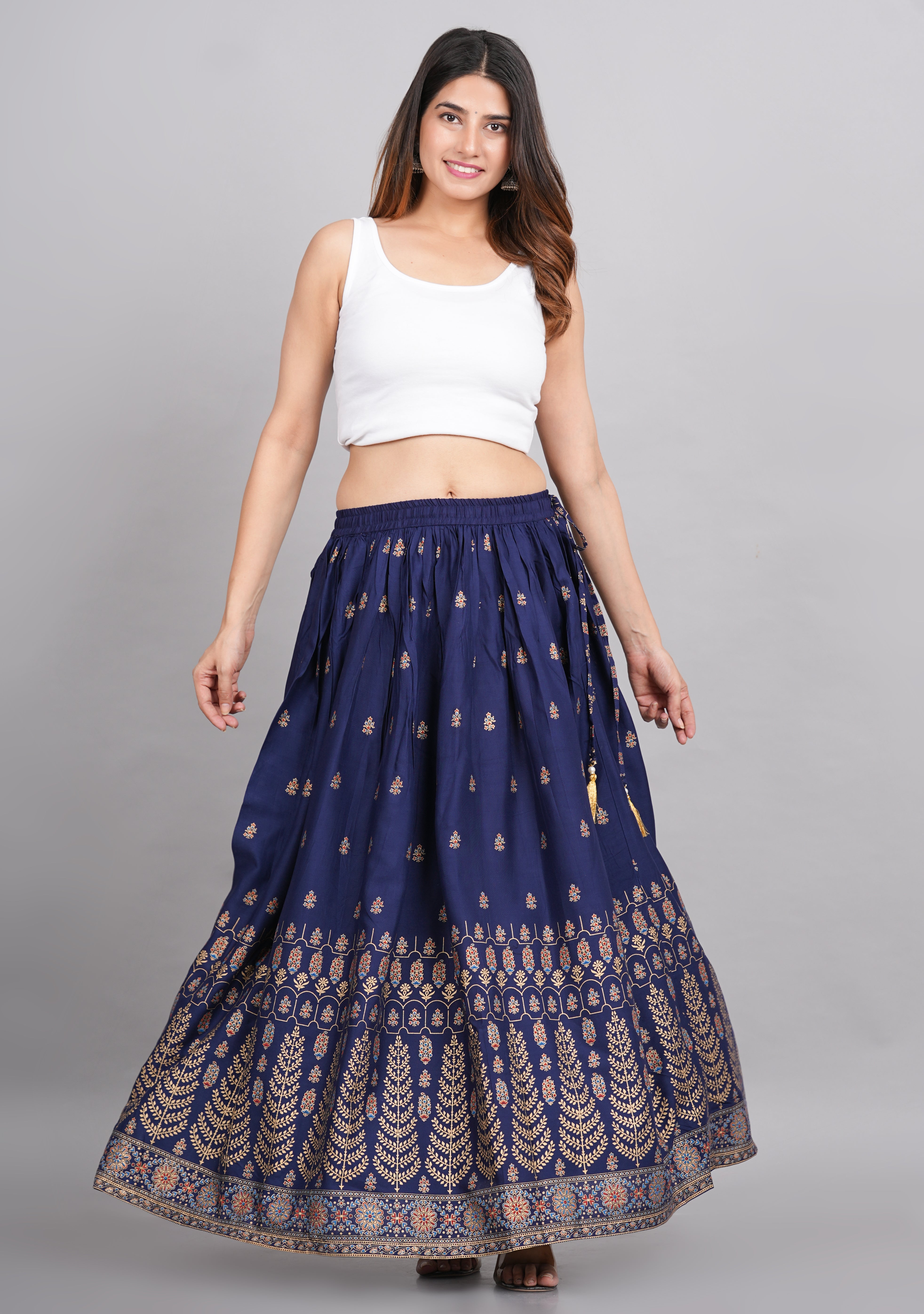 House of RP Women's Blue Rayon Ethnic Printed Circular Skirt - Distacart