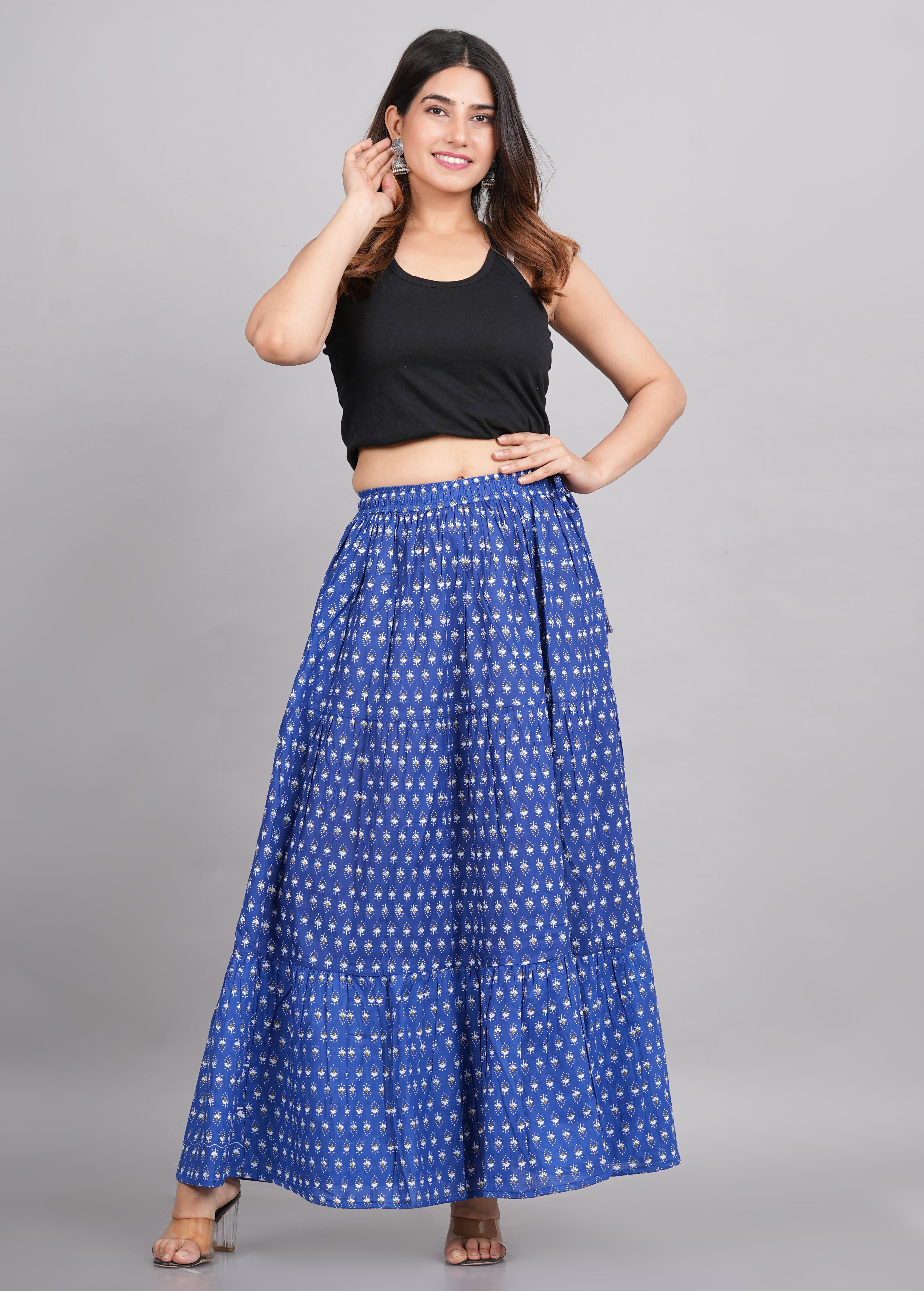 House of RP Women's Light Blue Rayon Ethnic Printed Circular Skirt - Distacart