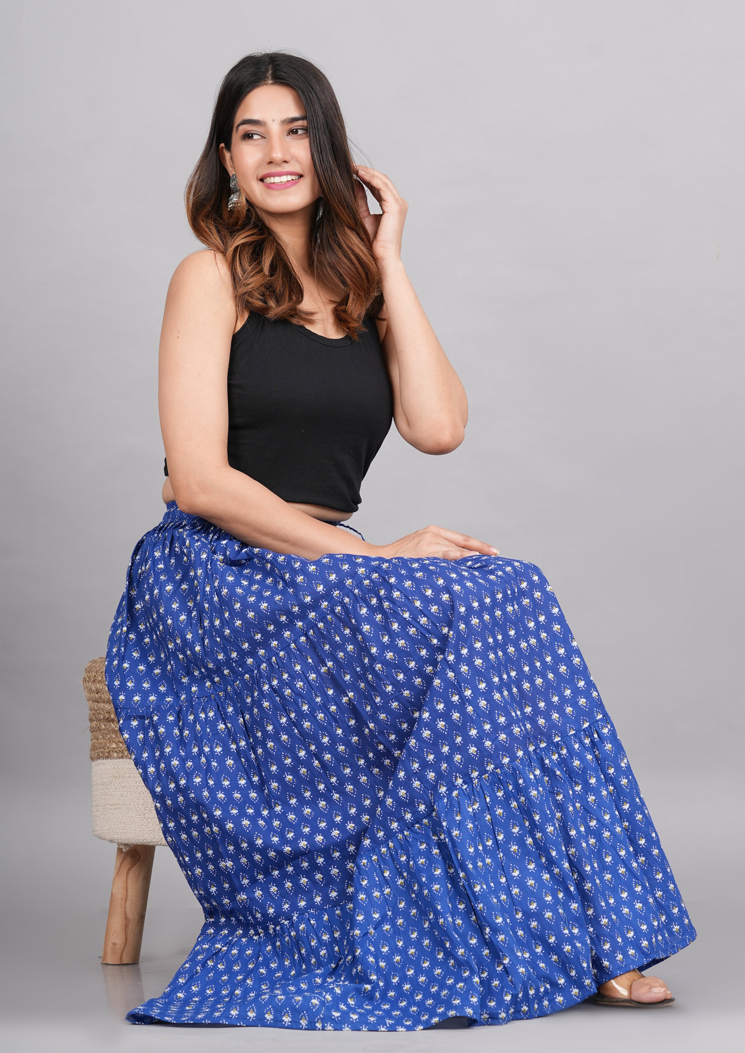 House of RP Women's Light Blue Rayon Ethnic Printed Circular Skirt - Distacart