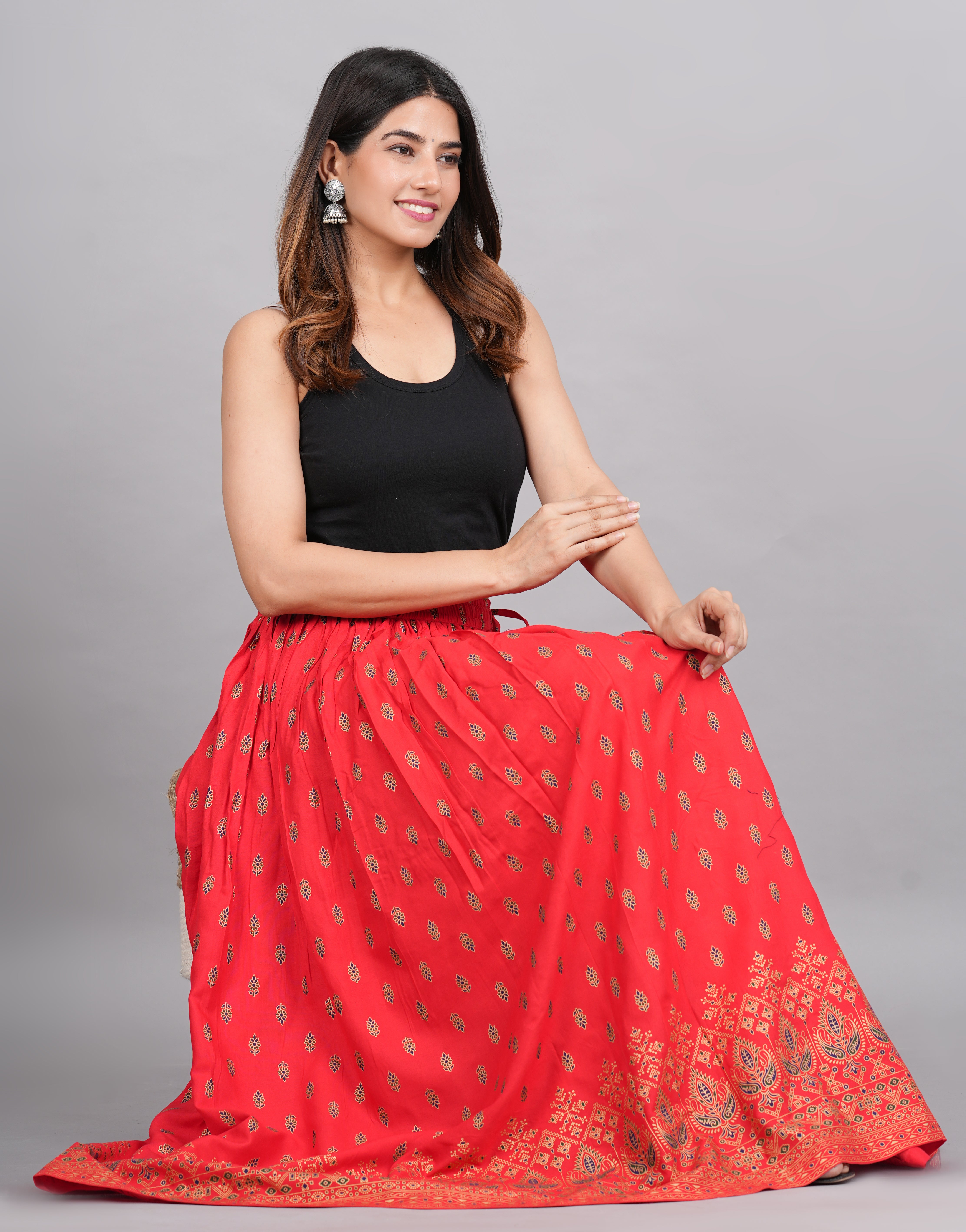 House of RP Women's Red Rayon Ethnic Printed Circular Skirt - Distacart