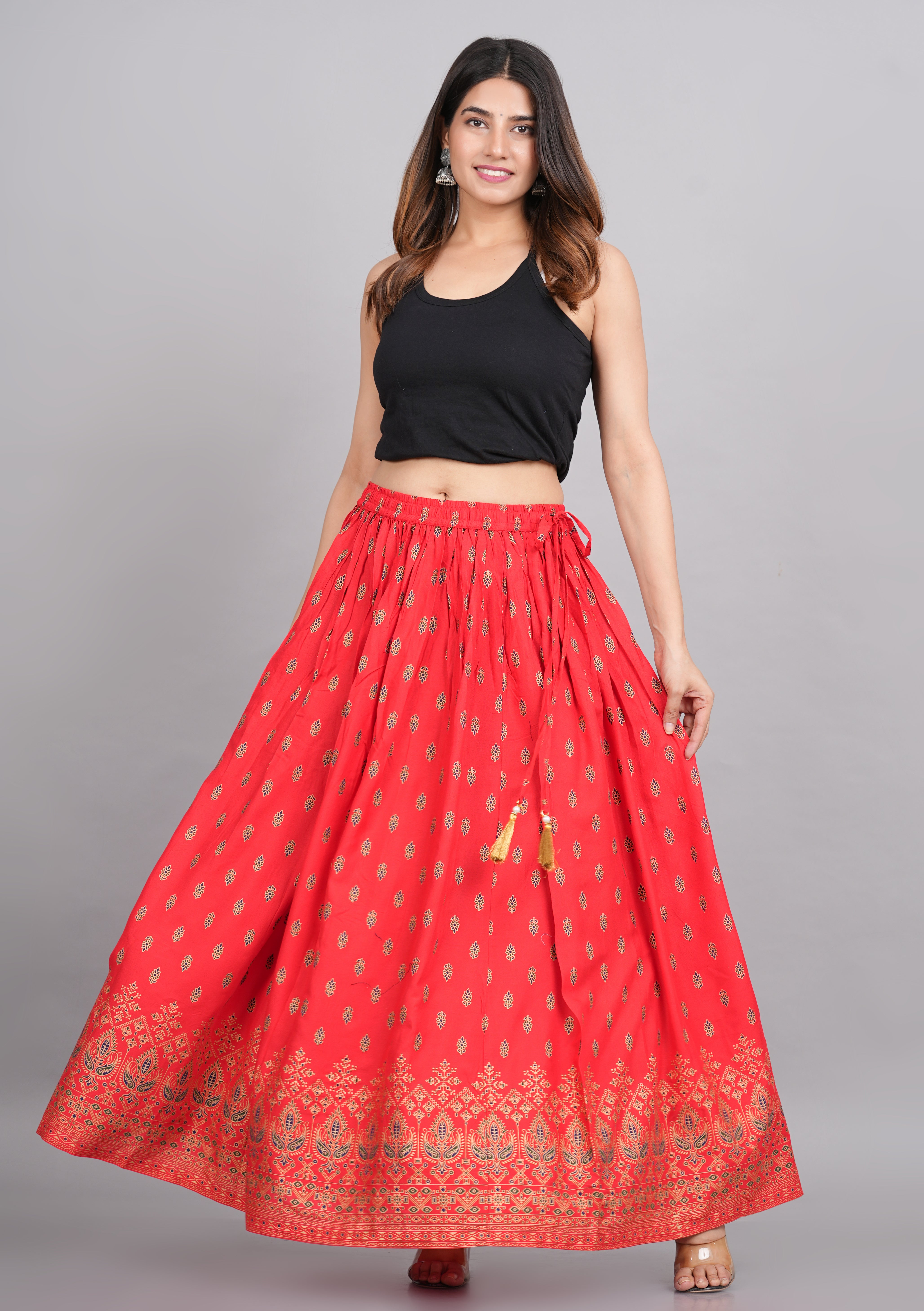 House of RP Women's Red Rayon Ethnic Printed Circular Skirt - Distacart