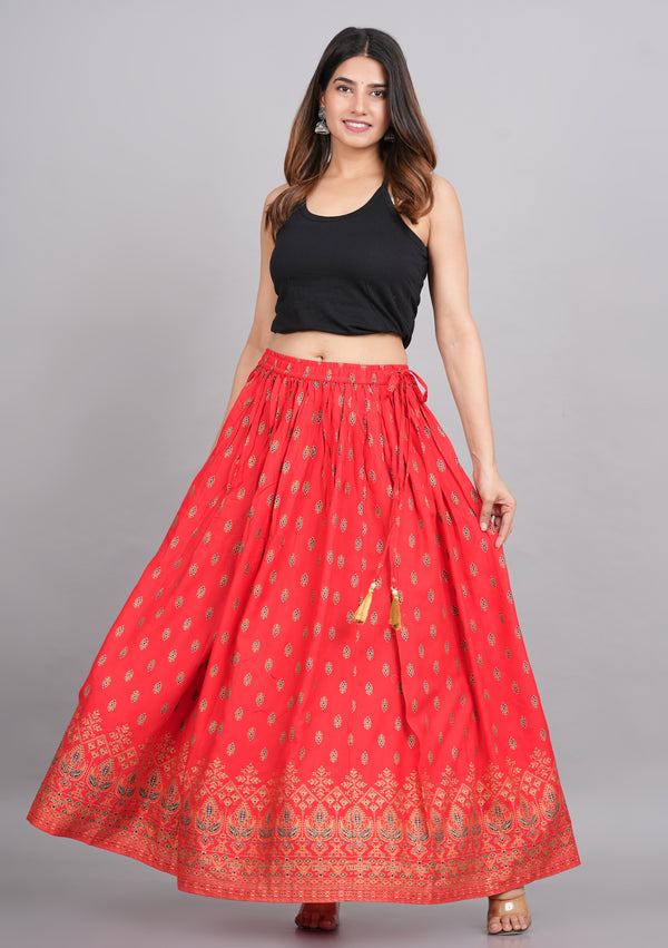 House of RP Women's Red Rayon Ethnic Printed Circular Skirt - Distacart