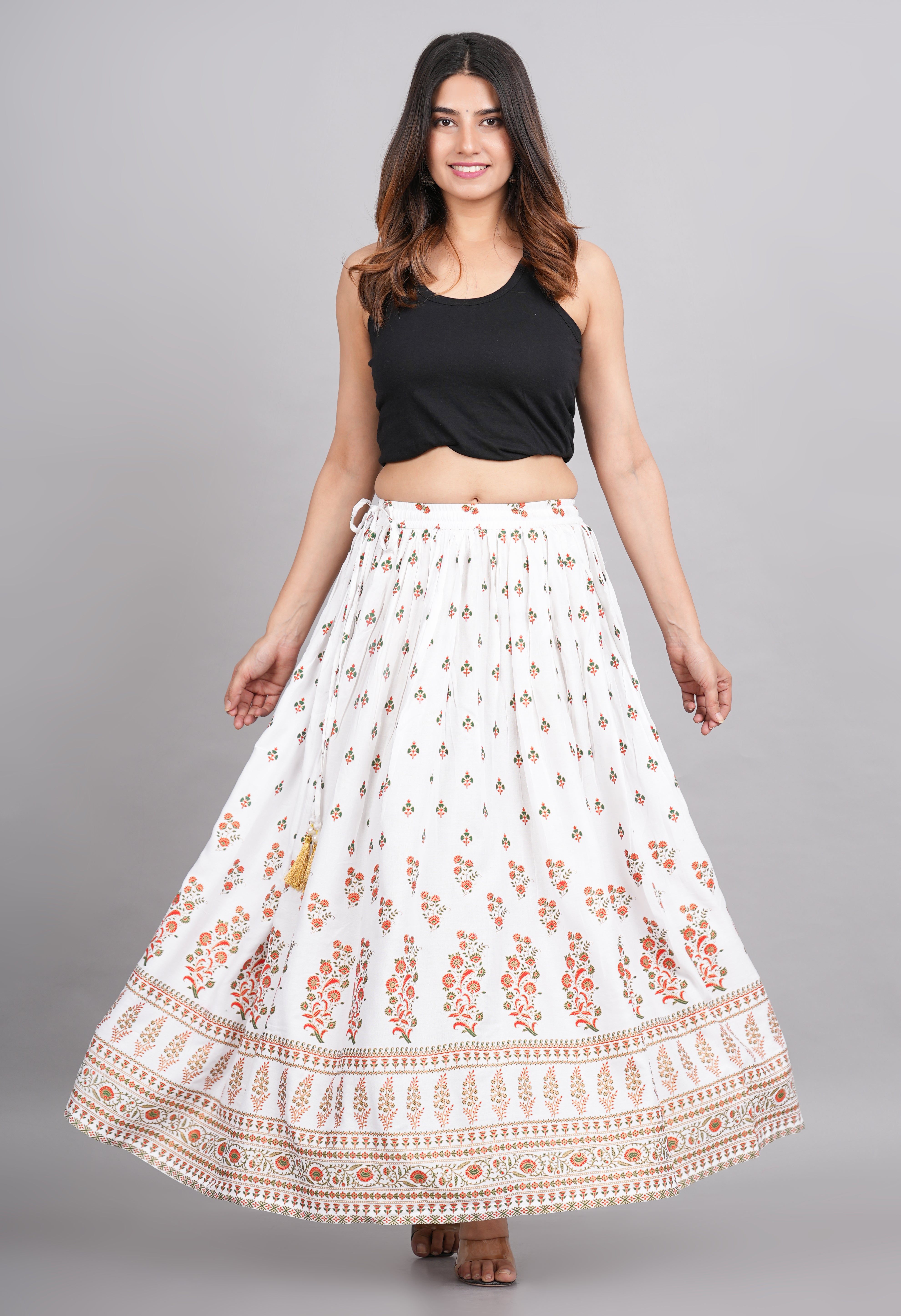 House of RP Women's White Rayon Ethnic Printed Circular Skirt - Distacart