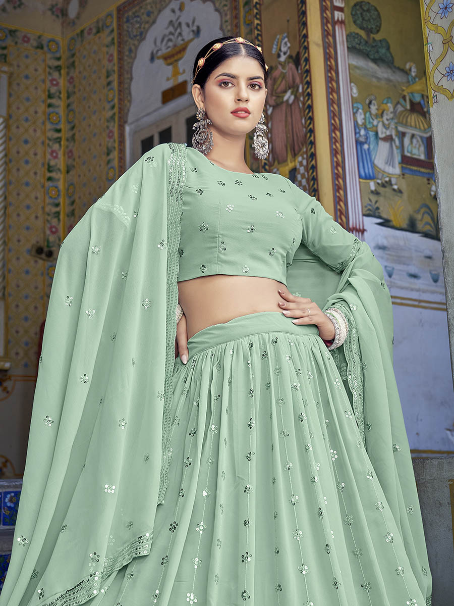 Myra Pista Green Georgette Embroidered Designer Lehenga Choli - Distacart