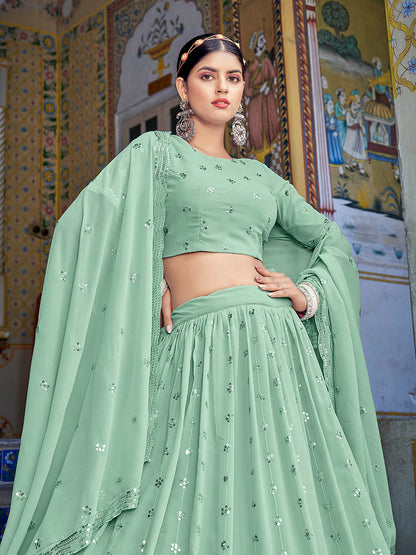 Myra Pista Green Georgette Embroidered Designer Lehenga Choli - Distacart