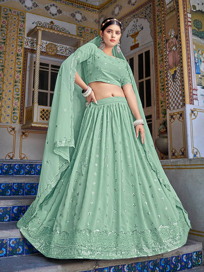 Myra Pista Green Georgette Embroidered Designer Lehenga Choli - Distacart