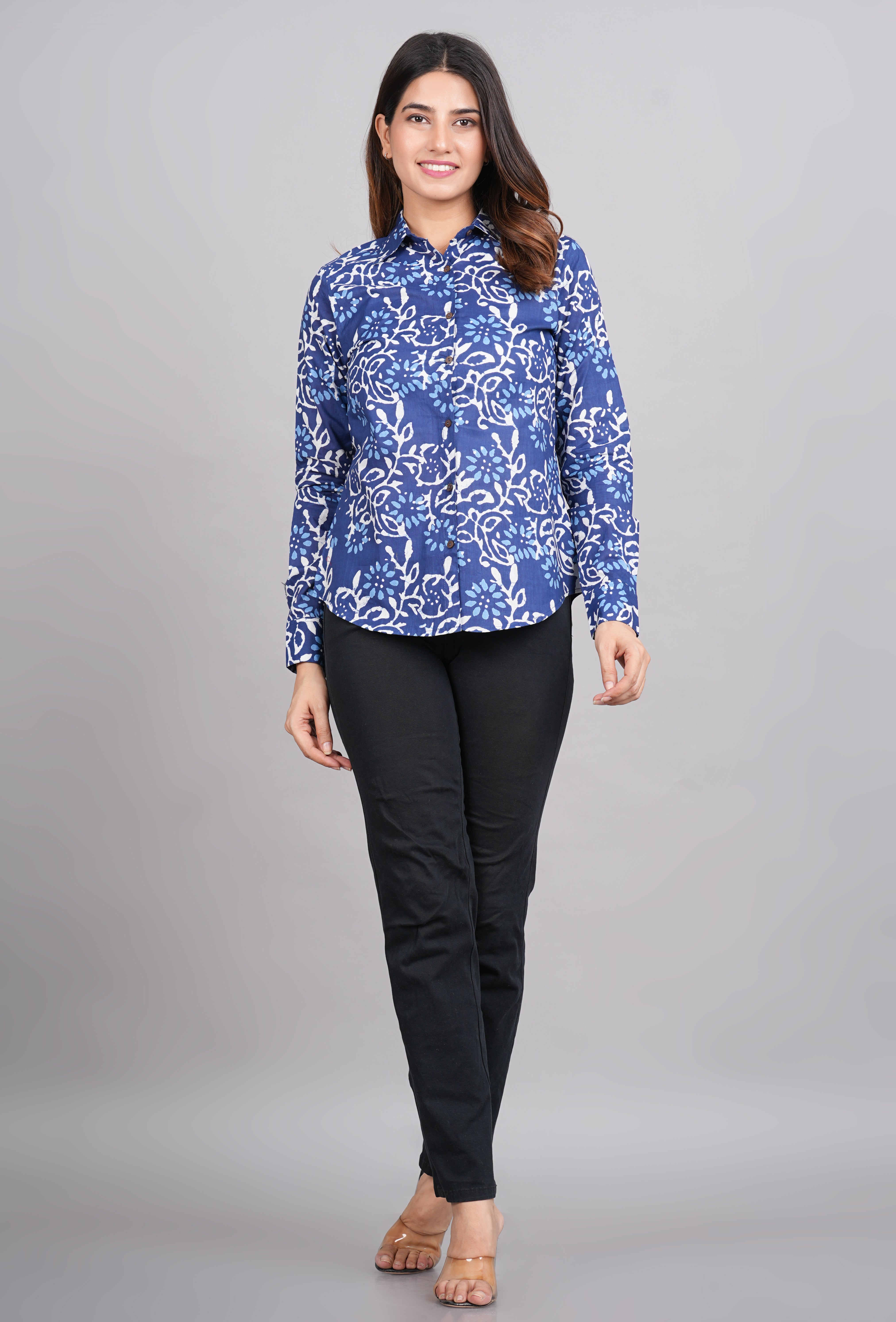 House of RP Women's Blue Cotton Floral Printed Casual Shirt - Distacart