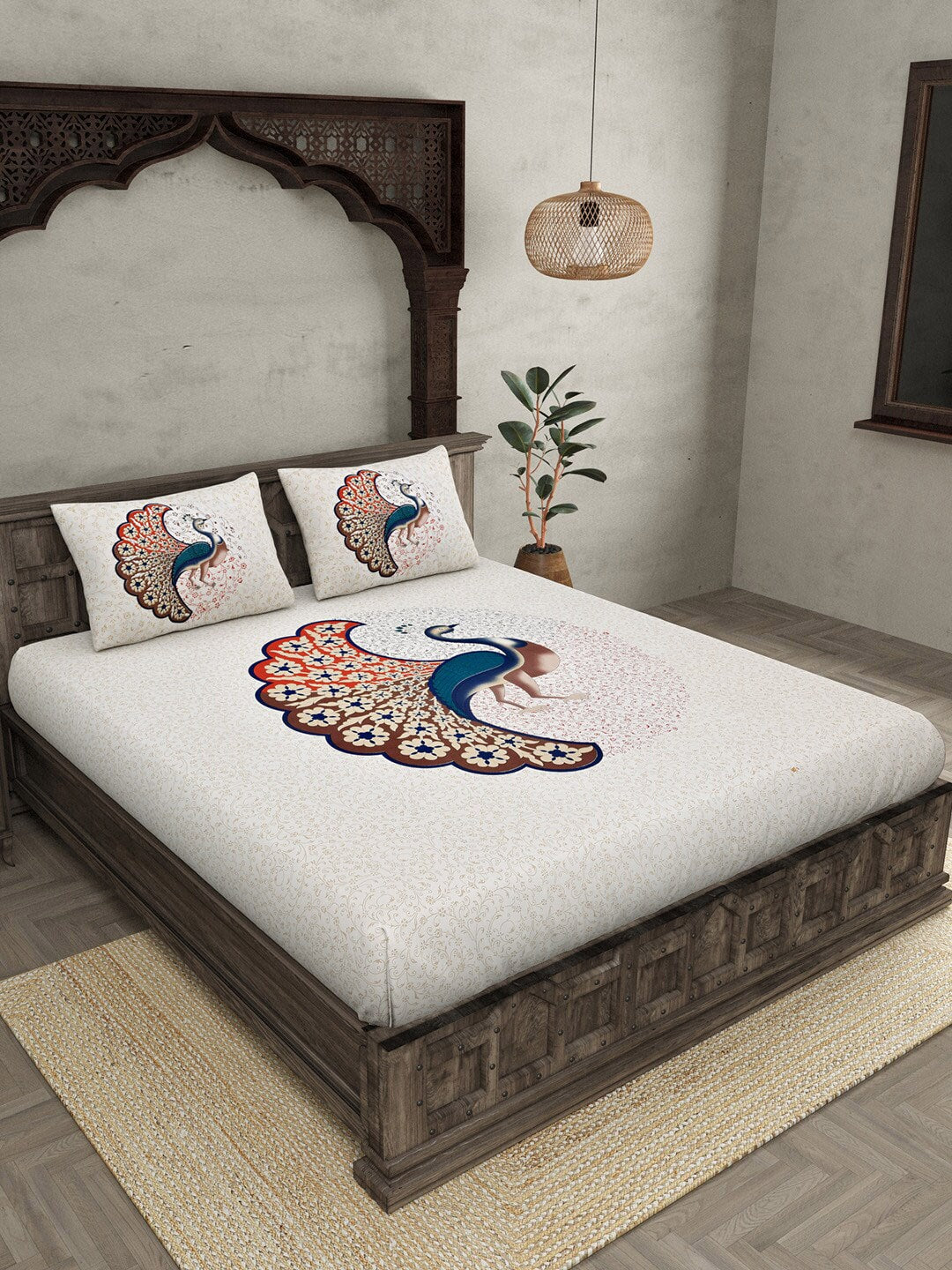 JAIPUR FABRIC Off White & Red Printed 240 TC Cotton King Bedsheet with 2 Pillow Covers - Distacart