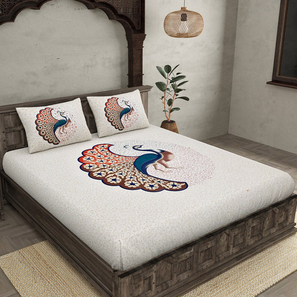 JAIPUR FABRIC Off White & Red Printed 240 TC Cotton King Bedsheet with 2 Pillow Covers - Distacart