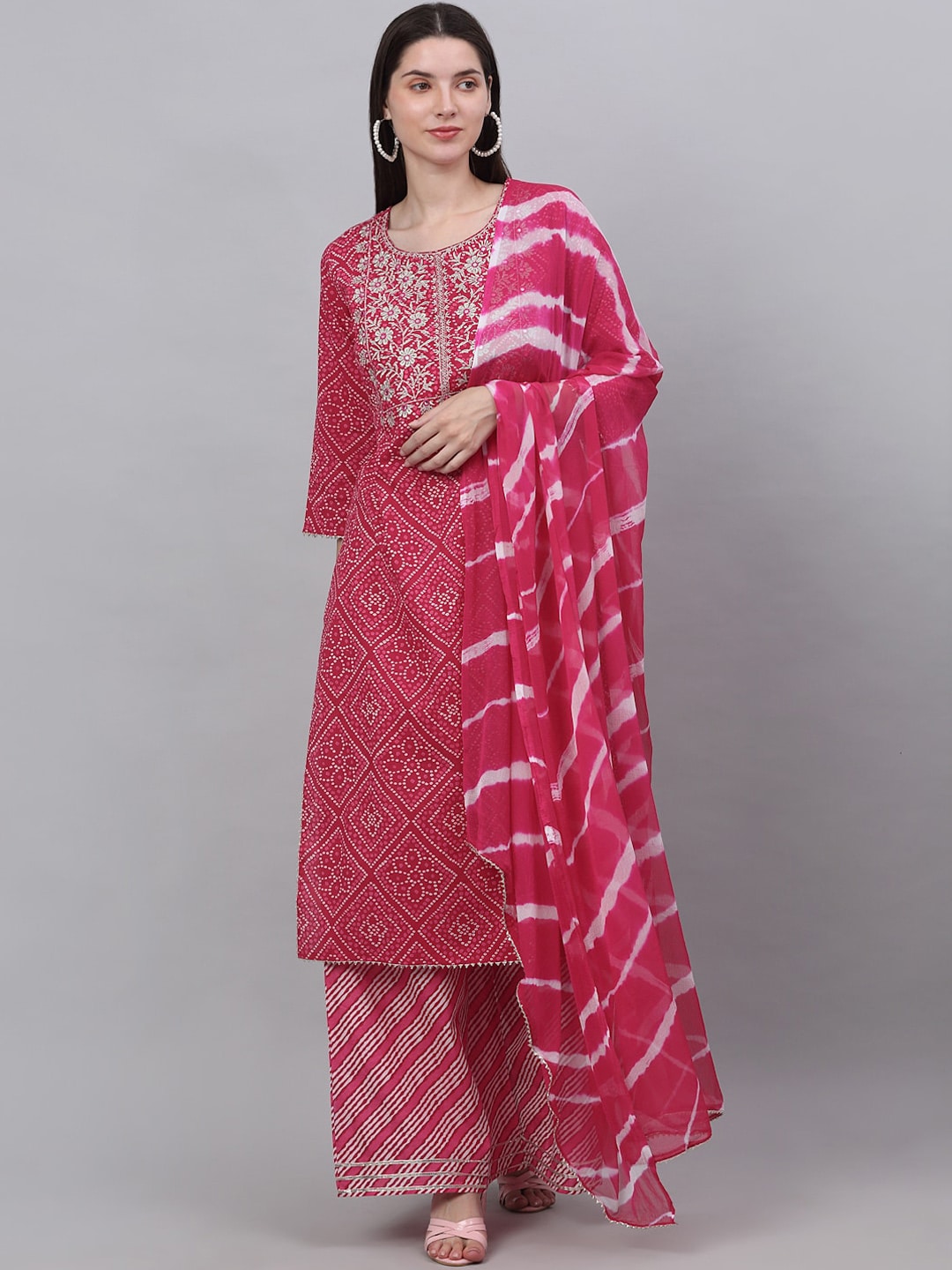 Kalini Women Pink Bandhani Printed Thread Work Kurta with Palazzos & With Dupatta - Distacart