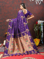 Thumbnail for Lorenvalley Fashion Purple Soft Paithani Silk Woven Design Copper Zari Meenakari Weaving Saree - Distacart