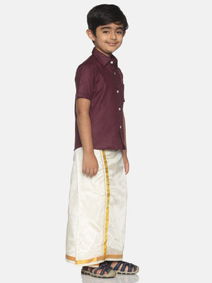 Sethukrishna Boys Maroon & White Solid Shirt with Veshti Set - Distacart
