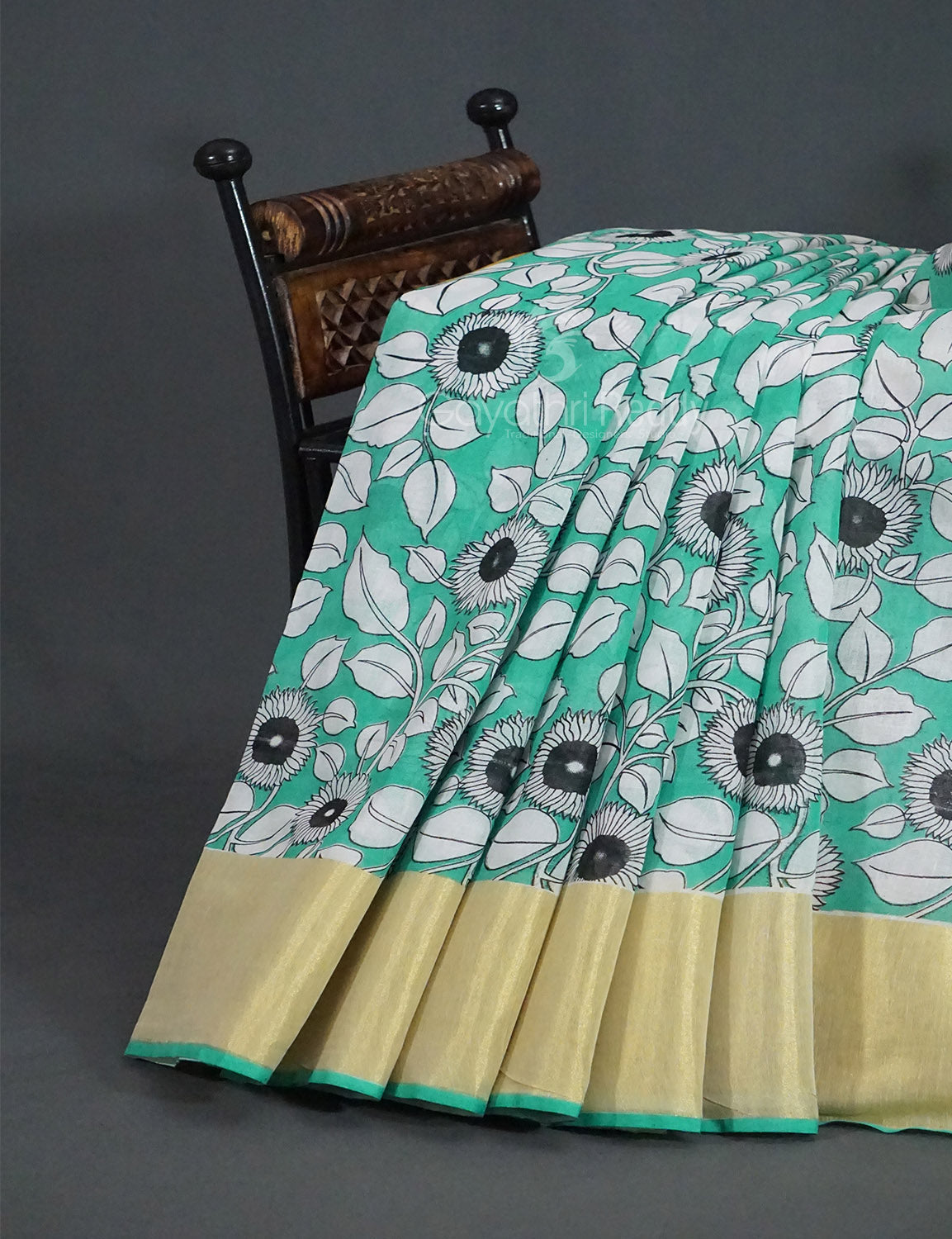 Gleaming Sea Green Kalamkari Cotton Linen Printed Saree By Gayathri Reddy Designer Studio - Distacart