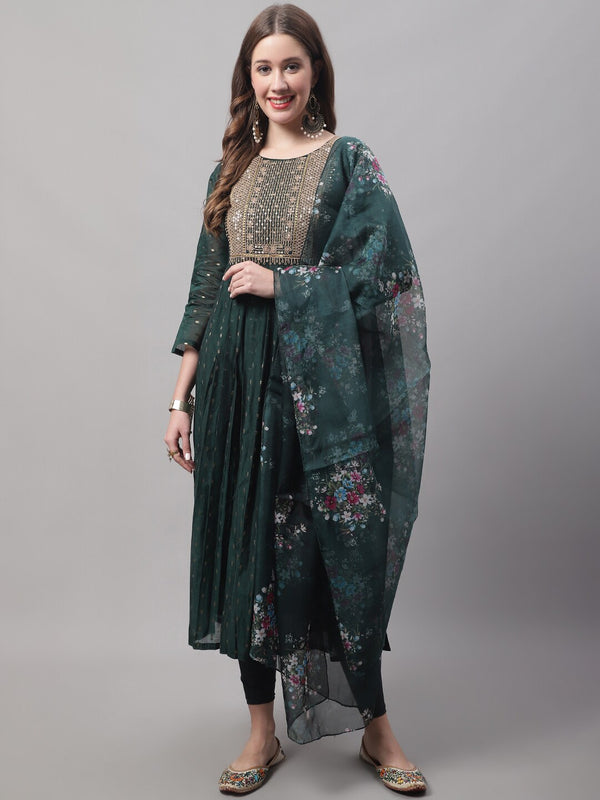 Kalini Ethnic Motifs Yoke Design Thread Work A-Line Kurta with Trousers & With Dupatta - Distacart