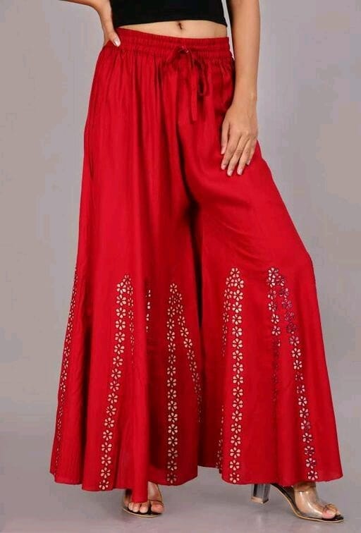 PAVONINE Red Color Embroidery Floral Patch Work Flared Sharara For Women - Distacart