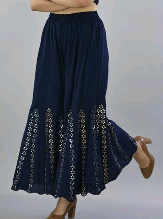 PAVONINE Navy Blue Color Embroidery Floral Patch Work Flared Sharara For Women - Distacart