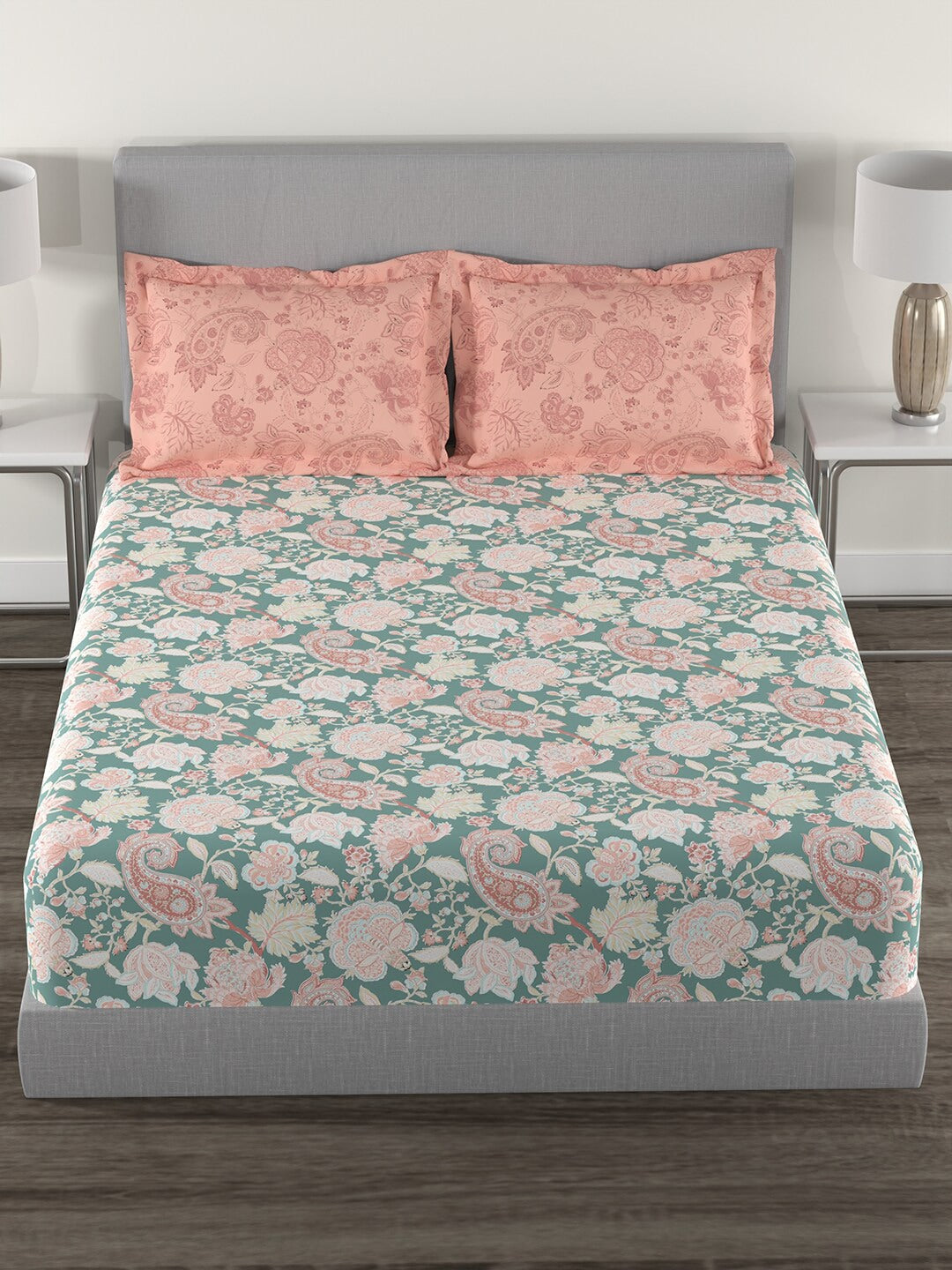 MYTRIDENT Green White Ethnic Motifs Cotton 144 TC Queen Bedsheet With 2 Pillow Covers - Distacart