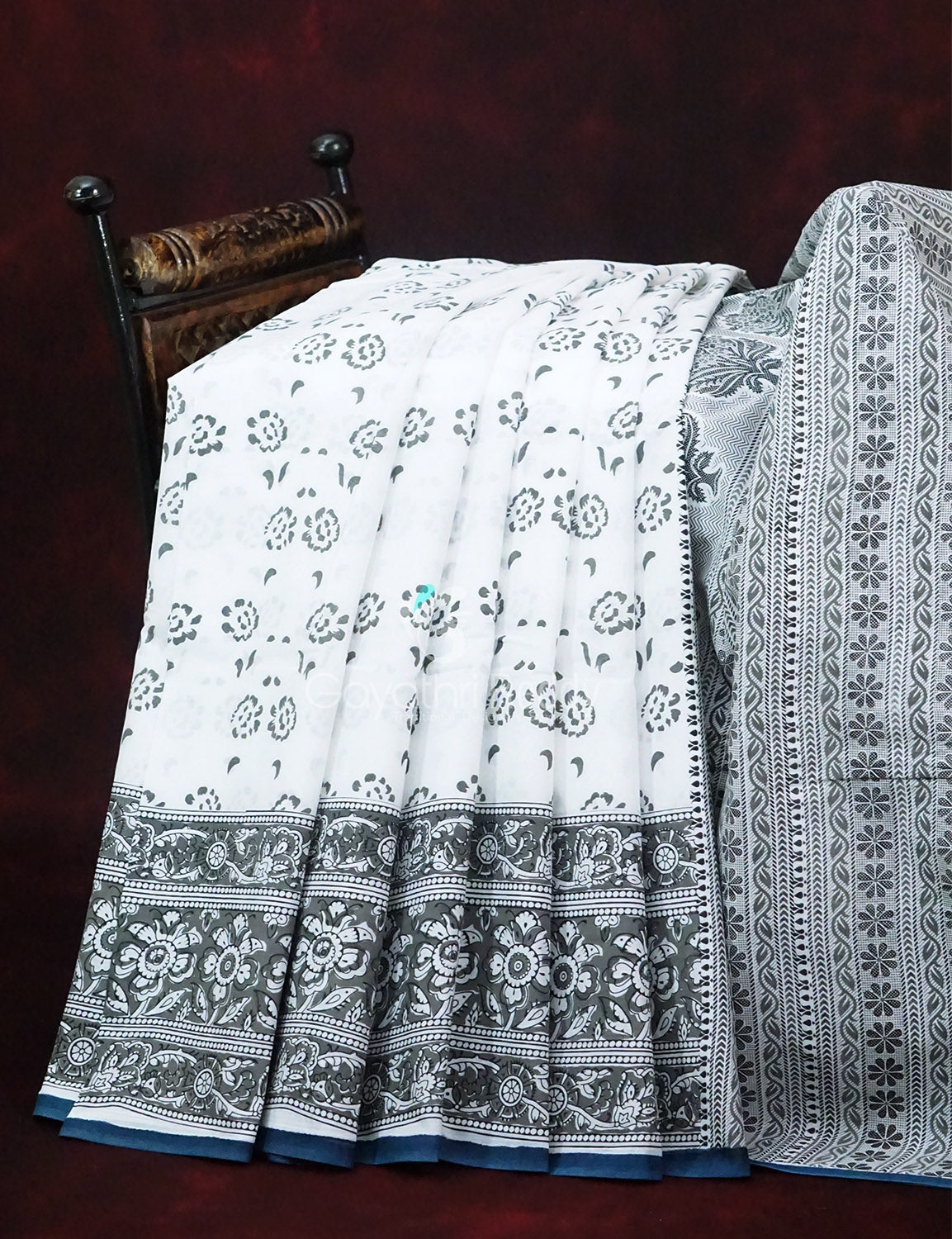Mix of White and Grey Block Print Mulmul Cotton Saree By Gayathri Reddy Designer Studio - Distacart