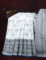 Thumbnail for Mix of White and Grey Block Print Mulmul Cotton Saree By Gayathri Reddy Designer Studio - Distacart