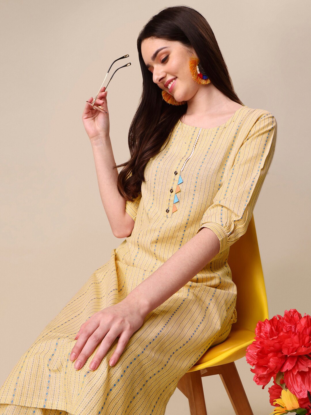 Kalini Women Woven Striped Thread Work Kurta with Trousers - Distacart