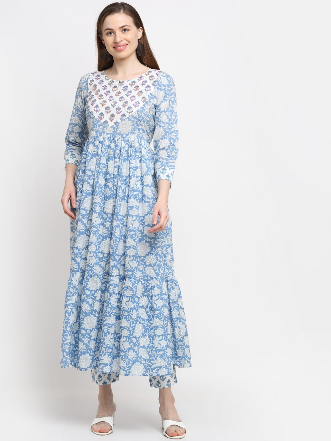 Kalini Women Blue Floral Printed Pure Cotton Kurta with Trouser - Distacart