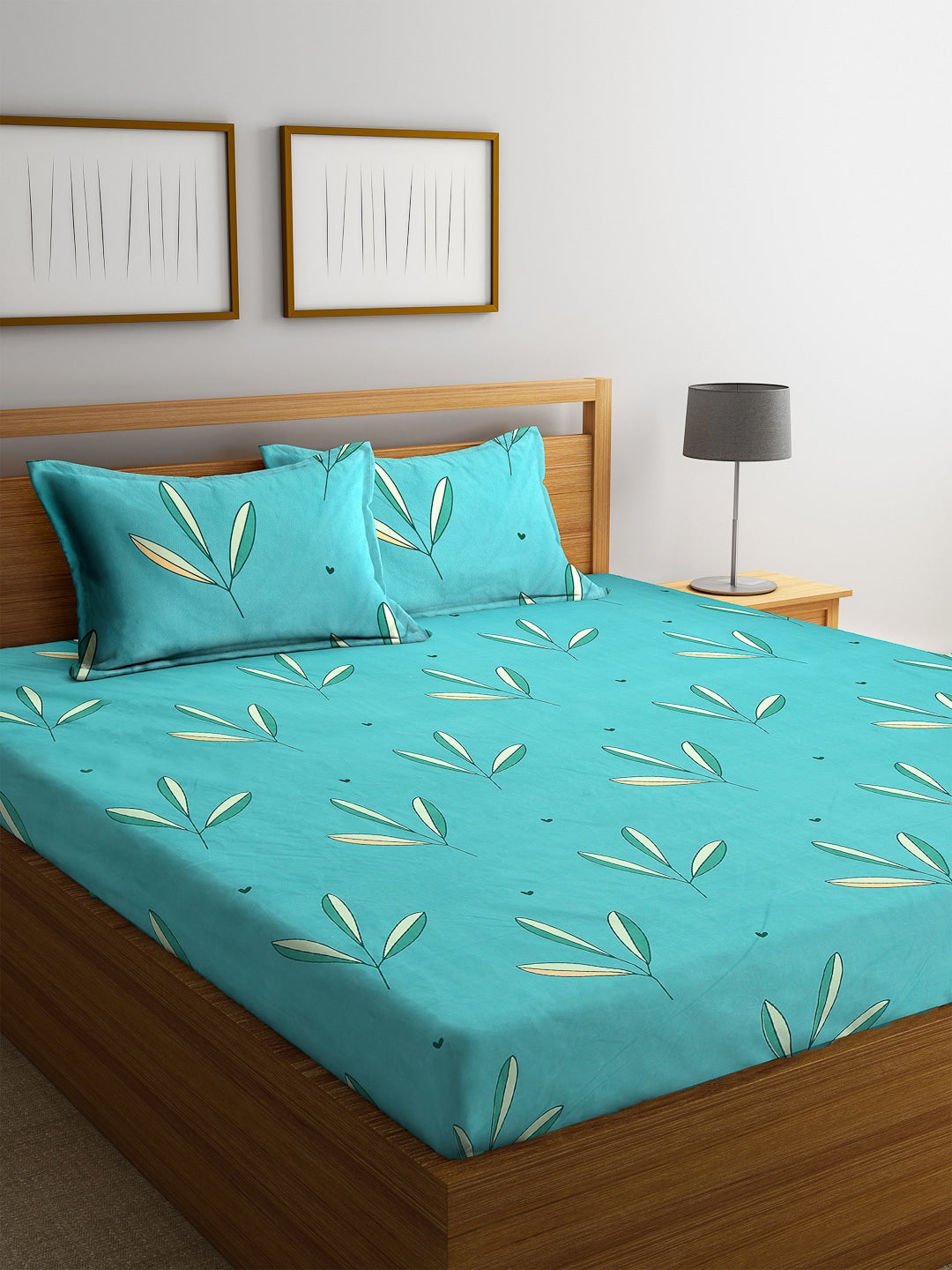 Home Sizzler Turquoise Blue & White Floral 144 TC Polyester 1 Queen Bedsheet with 2 Pillow Covers - Distacart