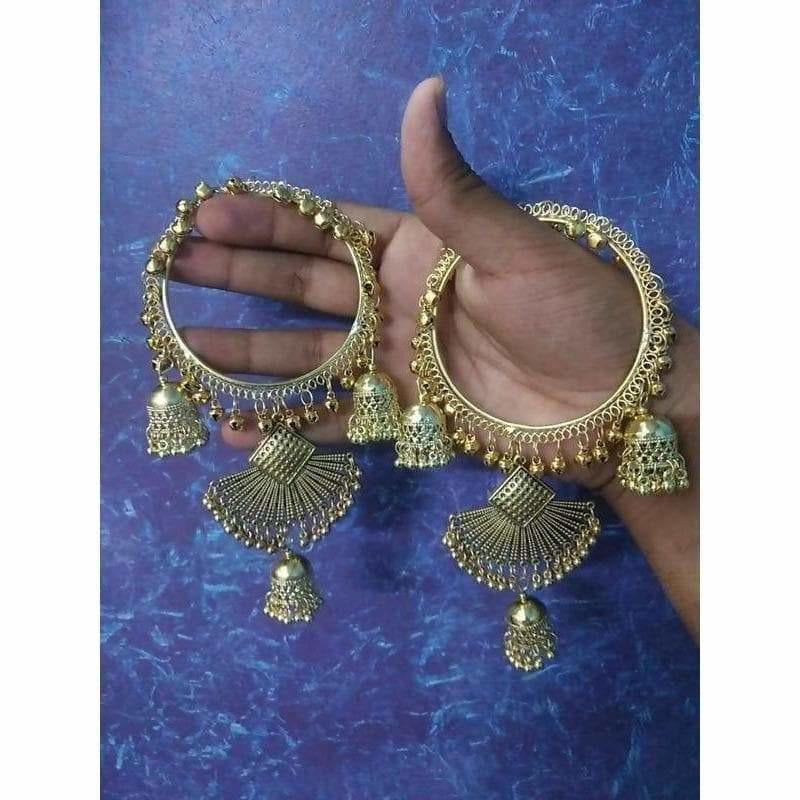 Gold Color Bridal Bangles With Pearls And Jhumkas