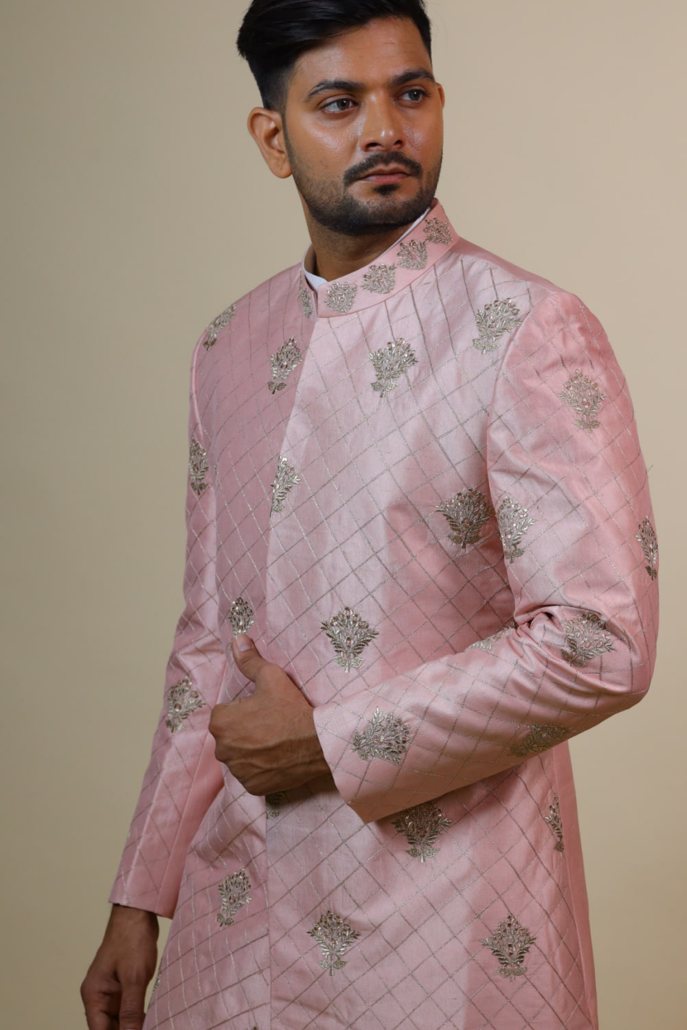 Light Coral Embroidered Designer Men's Sherwani by Hilo Designs - Distacart