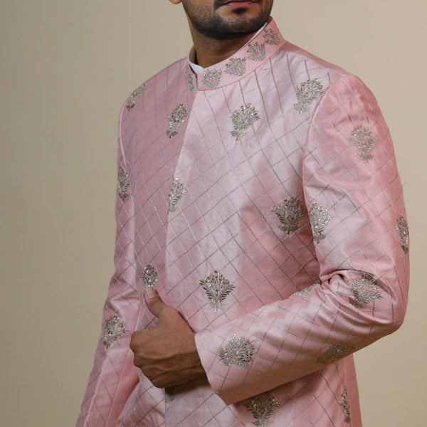 Light Coral Embroidered Designer Men's Sherwani by Hilo Designs - Distacart