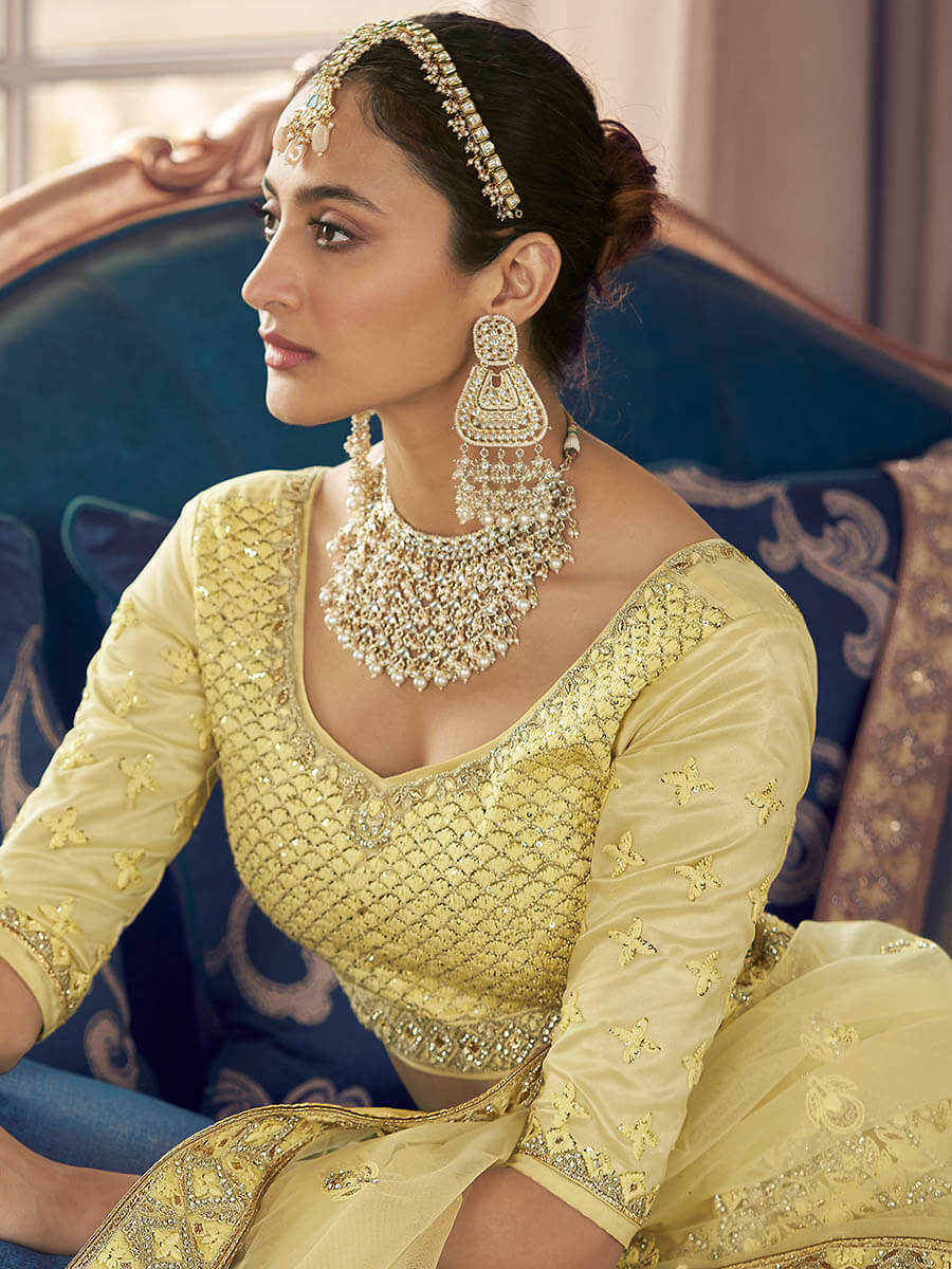 Myra Lime Yellow Crepe Embroidered Lehenga - Distacart