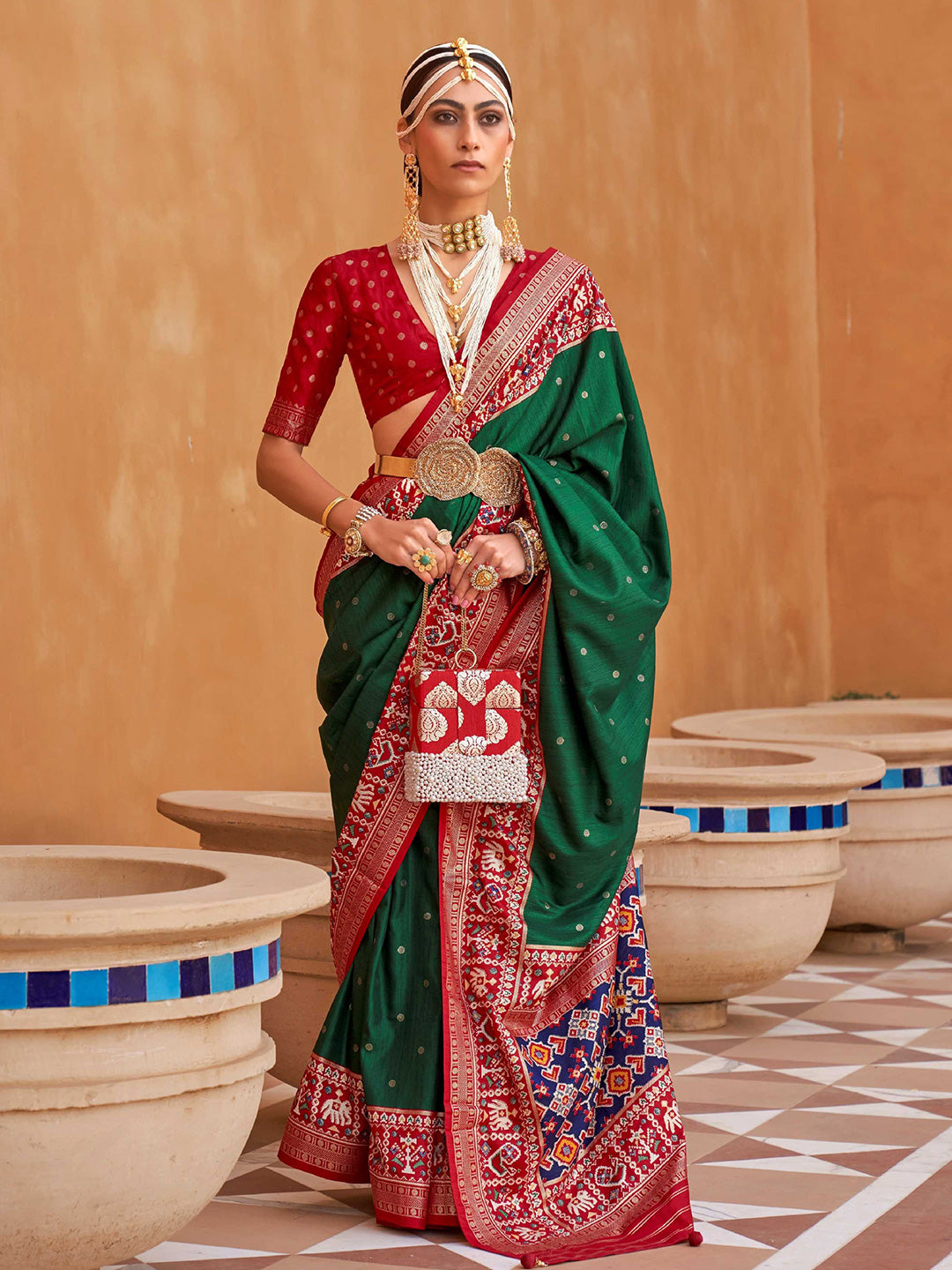 Mitera Green & Red Ethnic Motifs Woven Design Silk Blend Patola Saree - Distacart