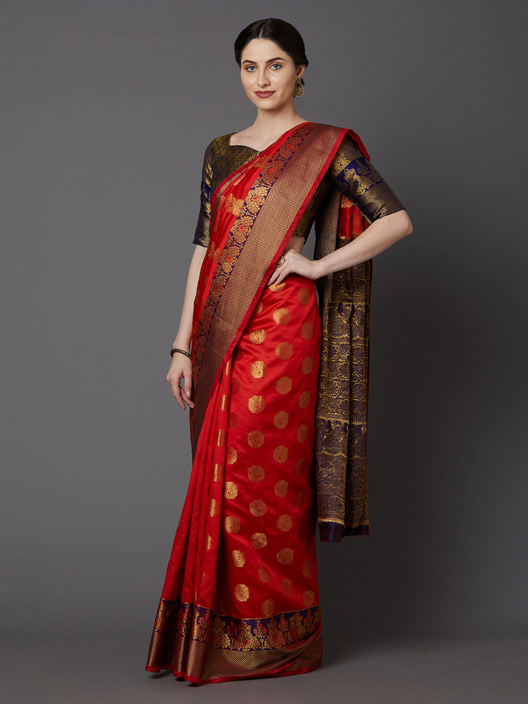 Mitera Red & Gold-Coloured Silk Blend Woven Design Banarasi Saree - Distacart