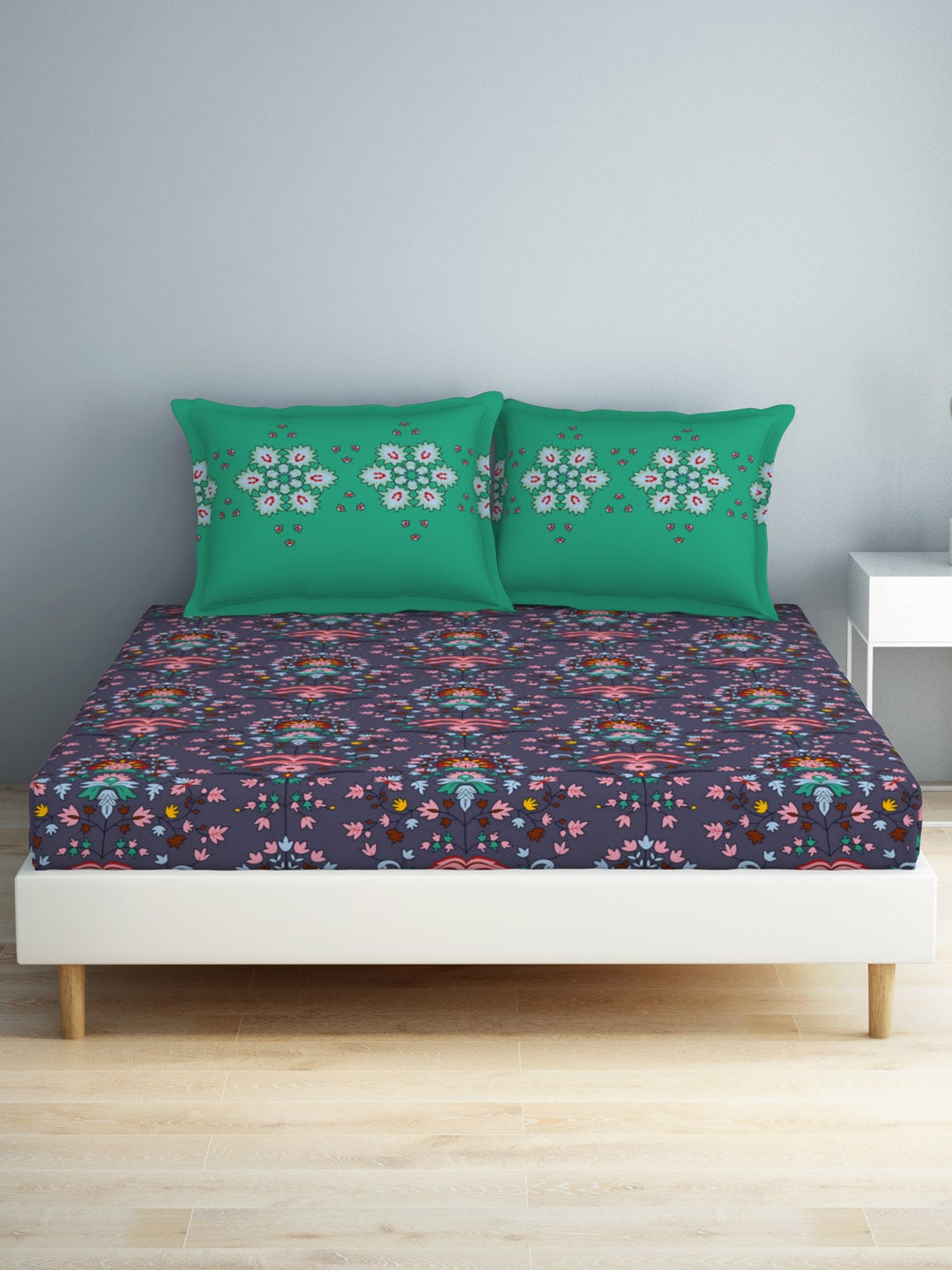 SPACES Aurum Blue Ethnic Motifs Pure Cotton140 TC Queen Bedsheet with 2 Pillow Covers - Distacart