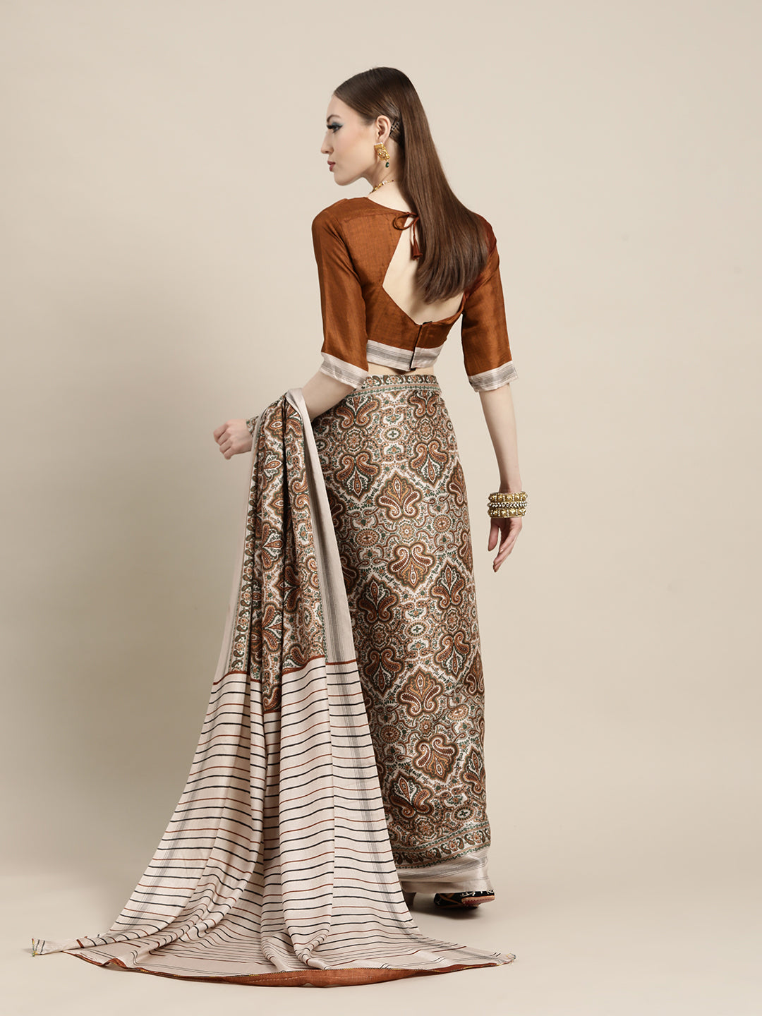 Saree Mall Cream-Coloured & Brown Paisley Printed Pashmina Silk Bagru Saree - Distacart