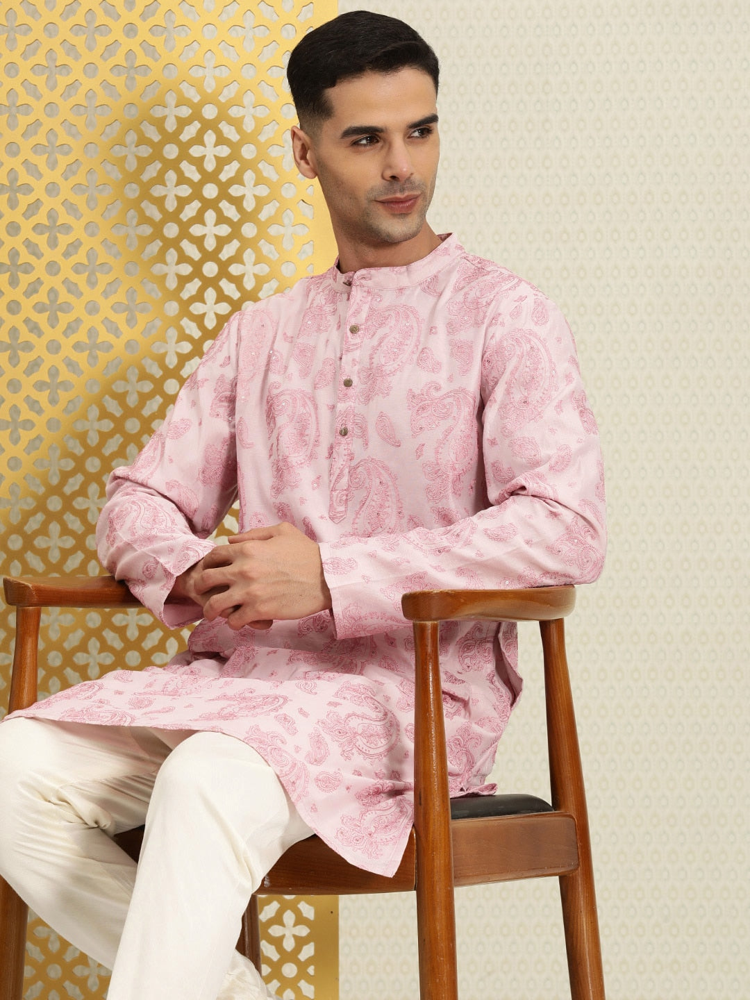 House of Pataudi Men Paisley Embroidered Sequinned Thread Work Jashn Kurta with Churidar - Distacart