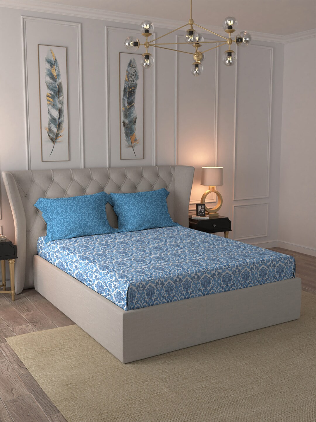 MYTRIDENT Blue White Ethnic Motifs Pure Cotton 120 TC Queen Bedsheet With 2 Pillow Covers - Distacart