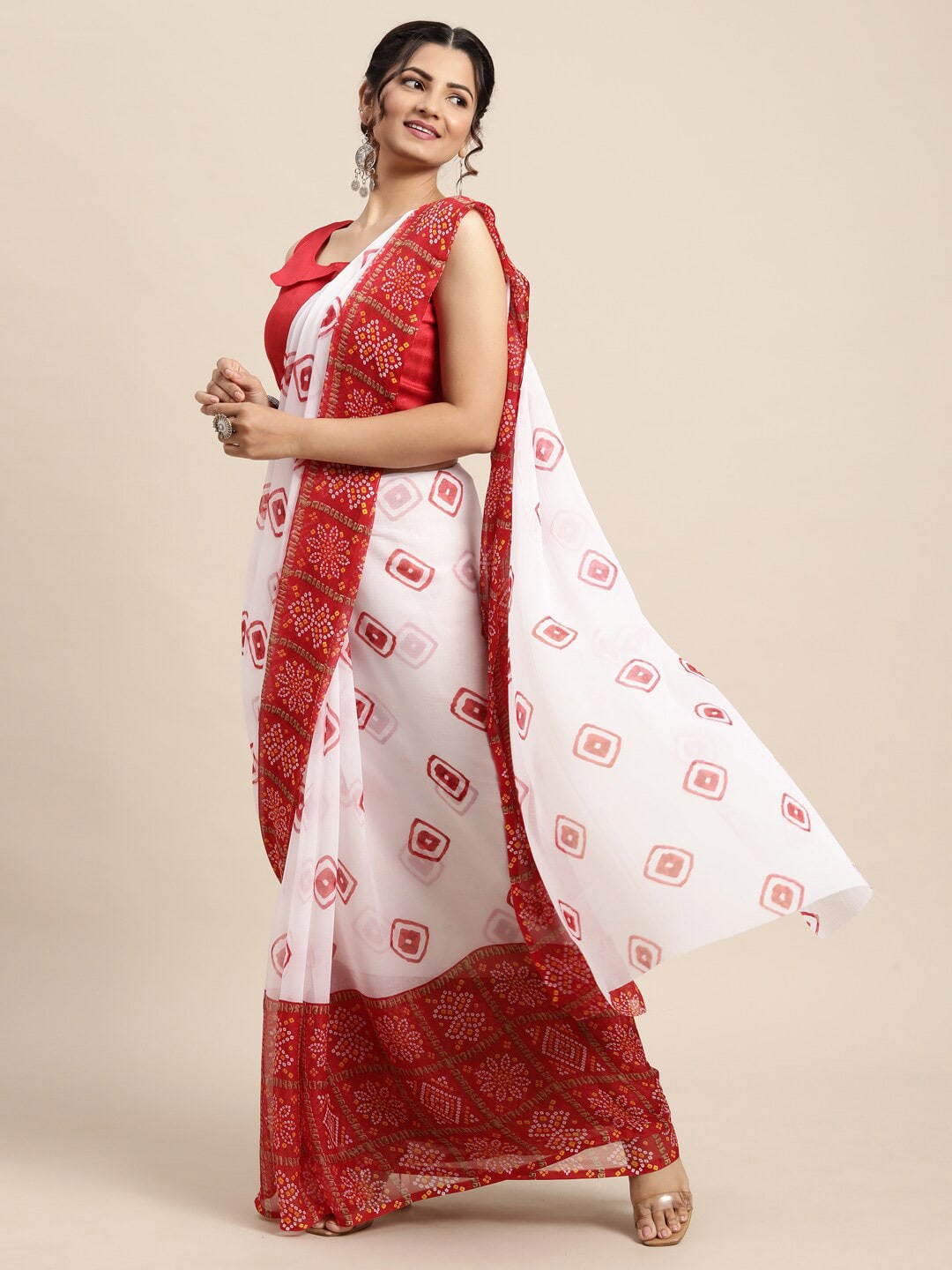 Saree Mall Women White & Red Bandhani Printed Poly Chiffon Sarees - Distacart