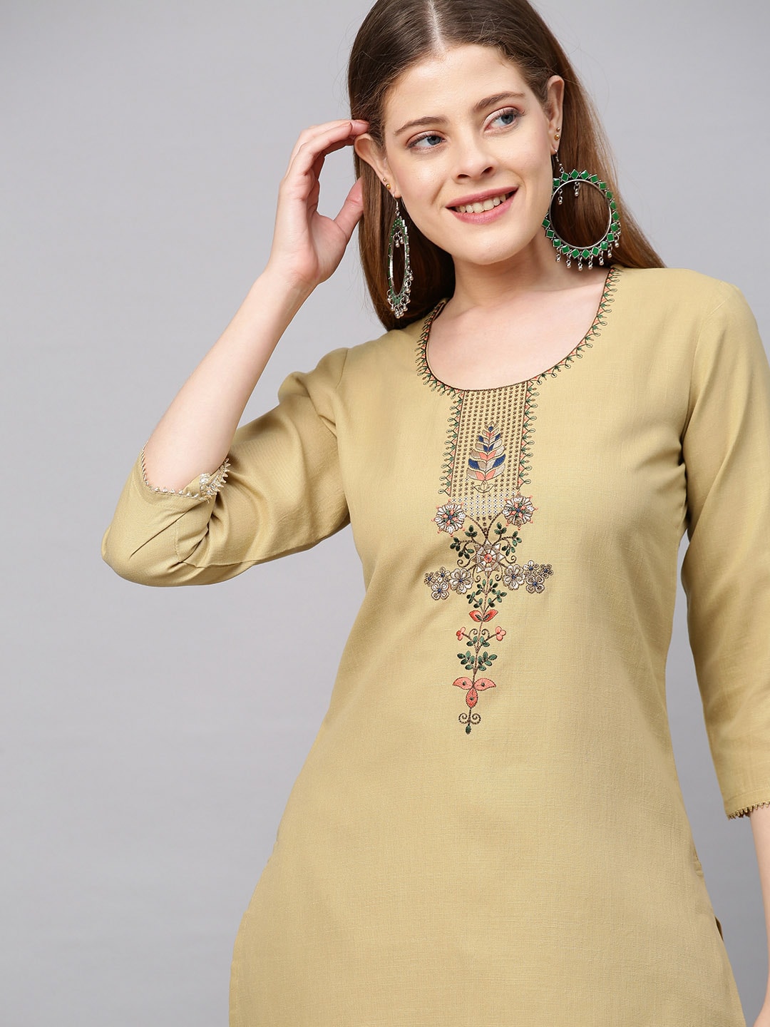Kalini Women Beige Floral Yoke Design Straight Kurta with Trousers & With Dupatta - Distacart