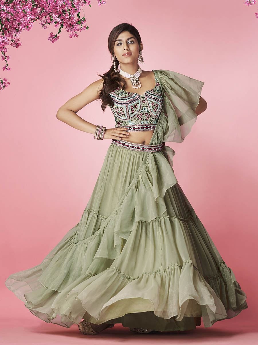 Myra Olive Green Art Silk Designer Lehenga - Distacart