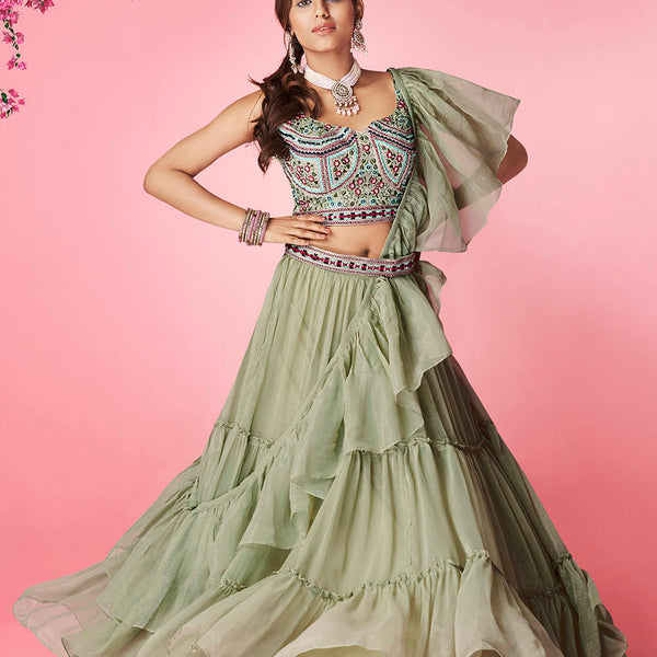 Myra Olive Green Art Silk Designer Lehenga - Distacart