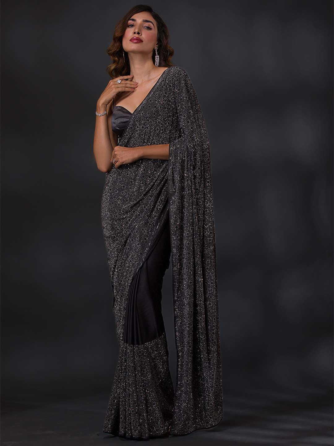 Koskii Embellished Stones Work Poly Crepe Saree With Blouse Piece - Distacart