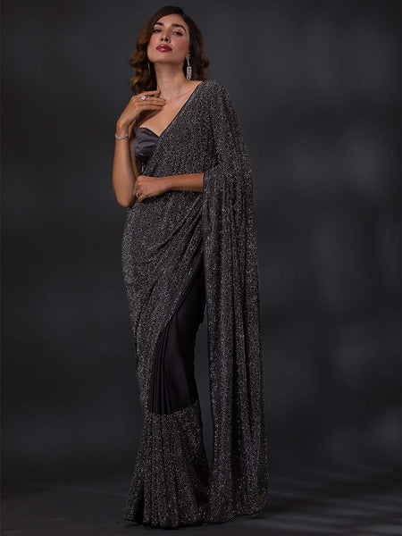 Koskii Embellished Stones Work Poly Crepe Saree With Blouse Piece - Distacart