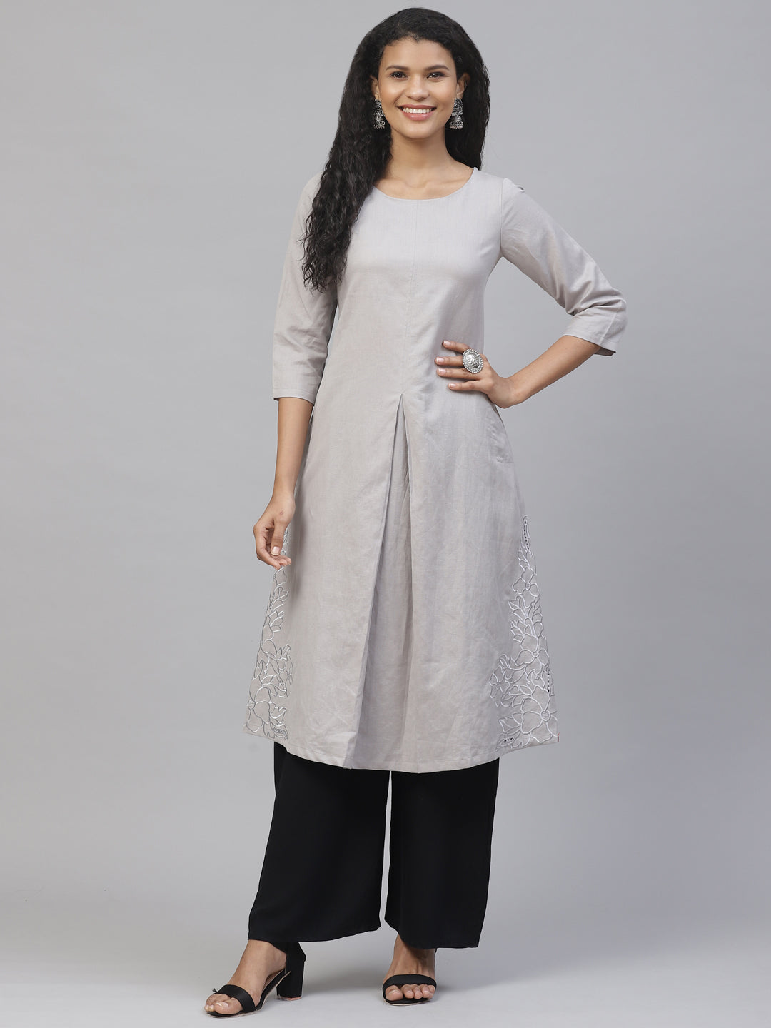 Biba Women Grey Solid A-Line Kurta - Distacart