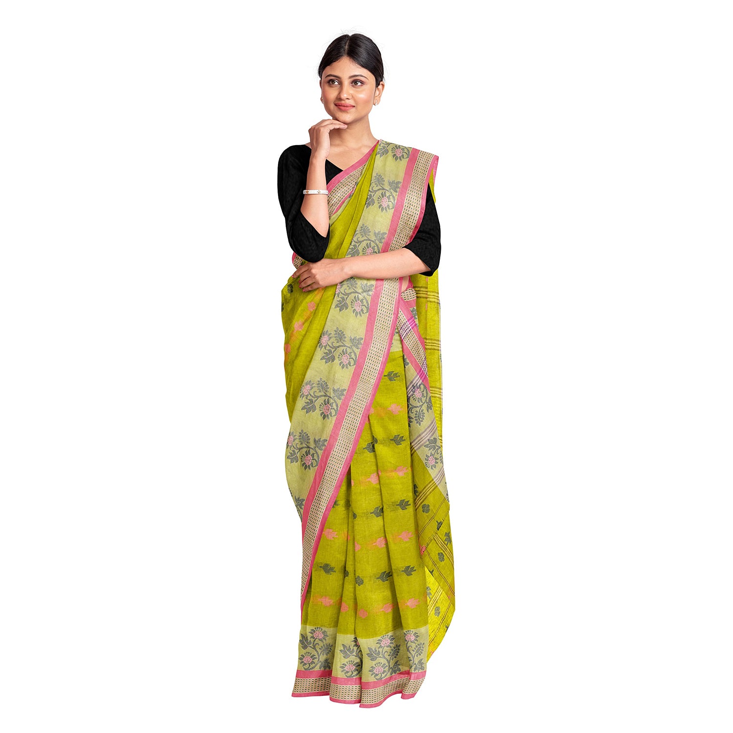 Exclusive Collection 100% Pure Cotton Olive Tant Saree With Hand Weaving Work - Distacart