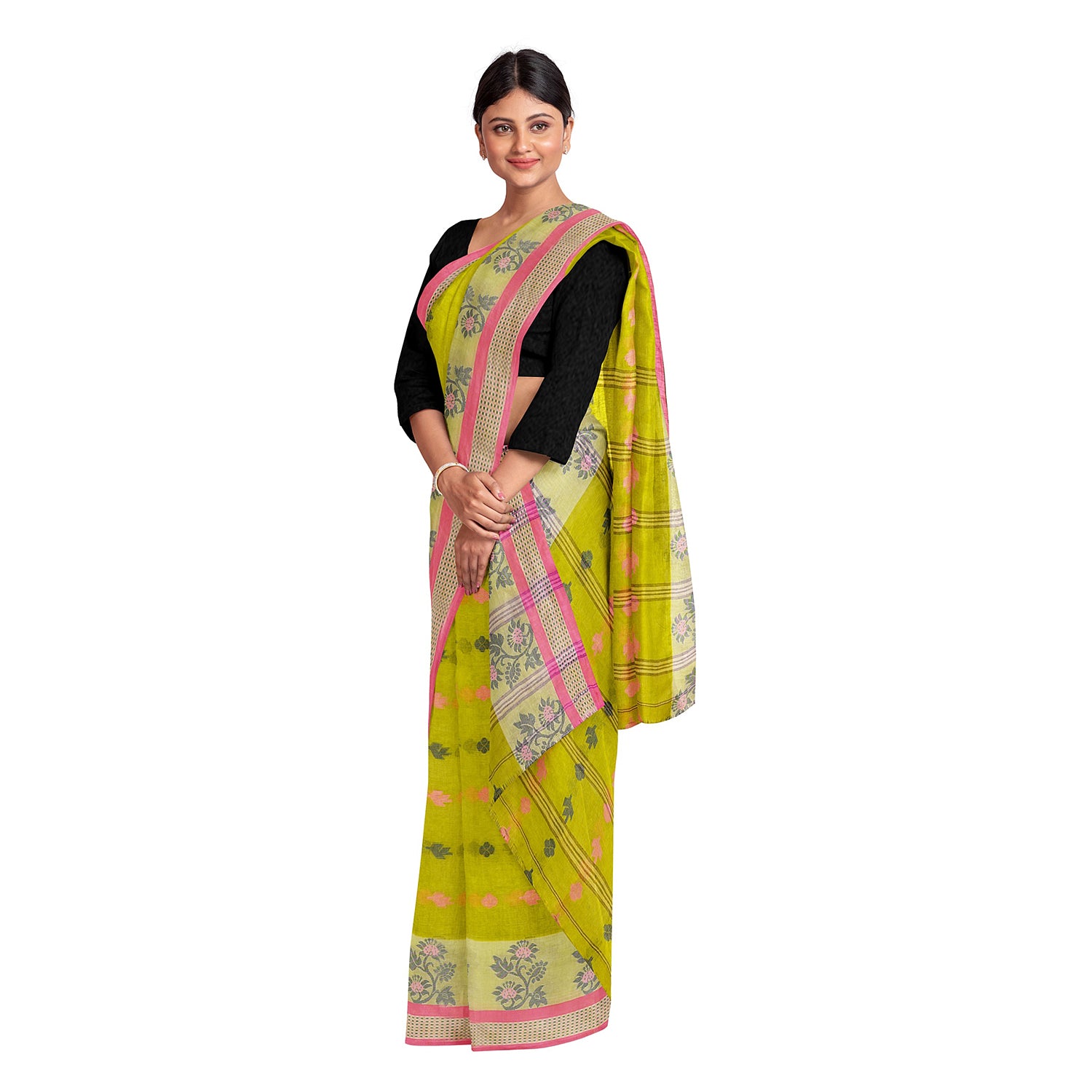 Exclusive Collection 100% Pure Cotton Olive Tant Saree With Hand Weaving Work - Distacart