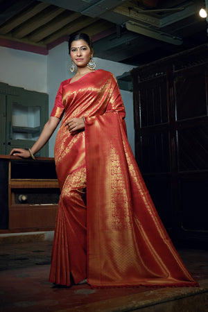 Vardha Rose Red Golden Zari Kanjeevaram Silk Saree