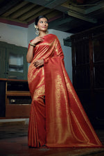 Thumbnail for Vardha Rose Red Golden Zari Kanjeevaram Silk Saree